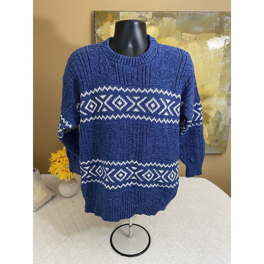 Vintage Tapas Striped Diamond Design Blue Long Sleeve Sweater USA Made Size L